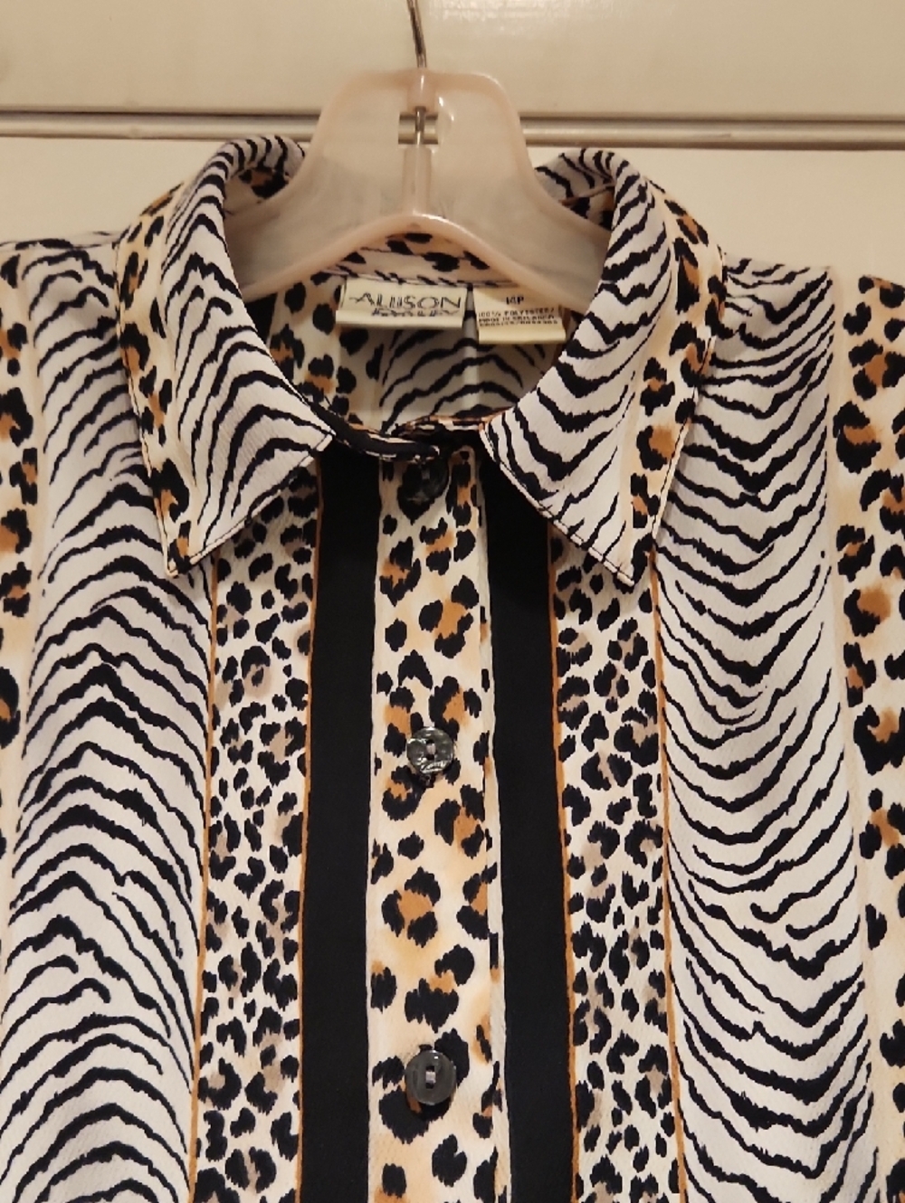 Allison Daley Animal Print Button-Up Blouse in Black, White & Tan - Picture 3 of 8